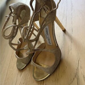 Jimmy Choo Gold Glitter Lace-Up Stiletto Sandals